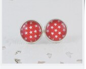 Red with White Stars Pattern Glass Covered Post Earrings - TrinkArts
