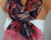 Red Floral Scarf - Cotton Scarf - Shawl - Cowl Scarf with Lace Edge - fatwoman- Spring Flowers - Beach wrap