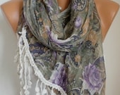BIG SALE Purple Roses Floral Scarf - Cotton Scarf - Shawl - Cowl Scarf with Lace Edge - fatwoman- Spring Flowers - Beach wrap