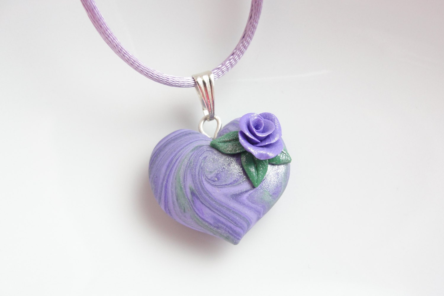 Lilac rose heart necklace hand made from polymer clay