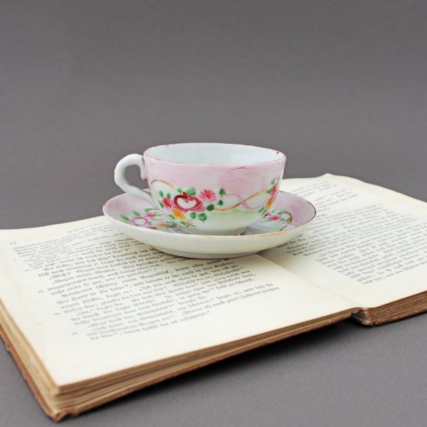 Vintage Cup and Saucer Child Size Demitasse Porcelain Hand Painted Floral Pink