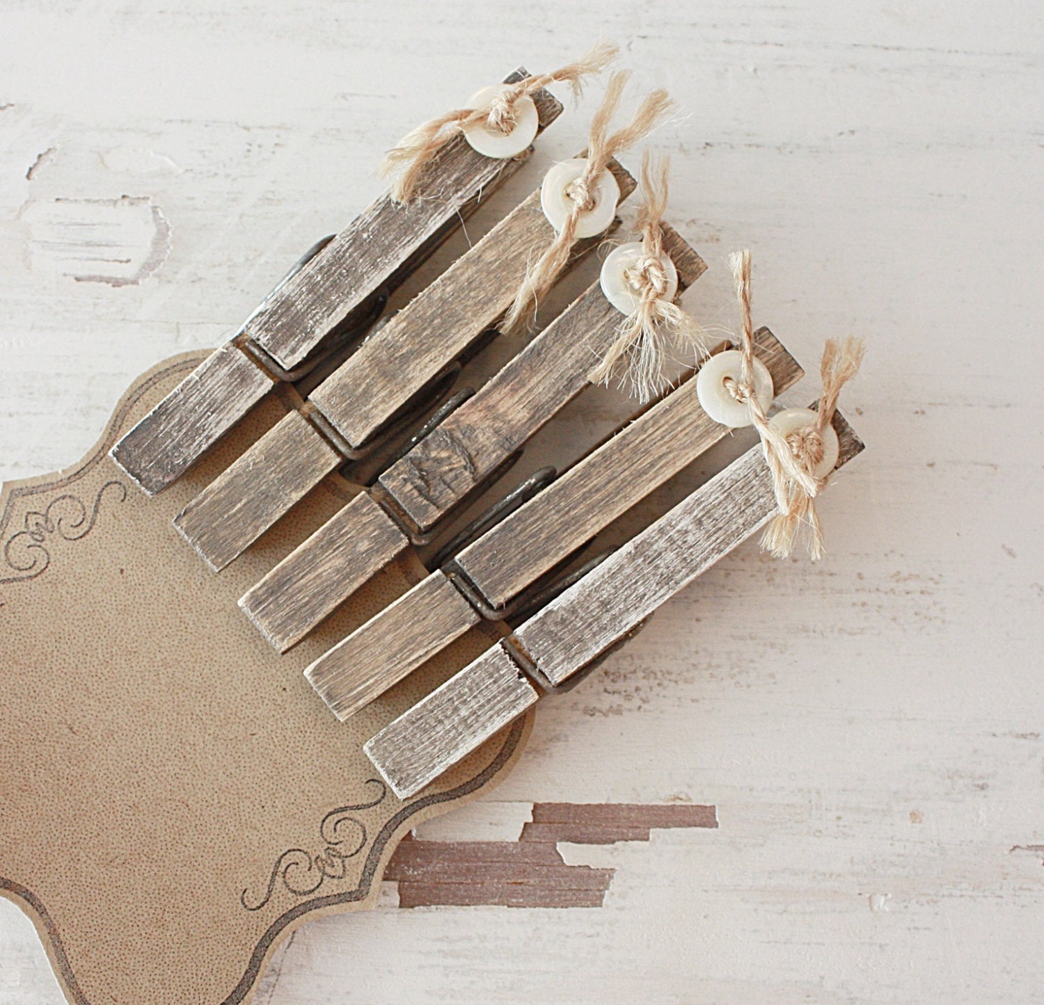 Weathered Clothespins with Jute - Vintage Buttons - Set of Five