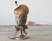 Burlap Pin Cushion in Vintage Silver Plate Filigree Cup