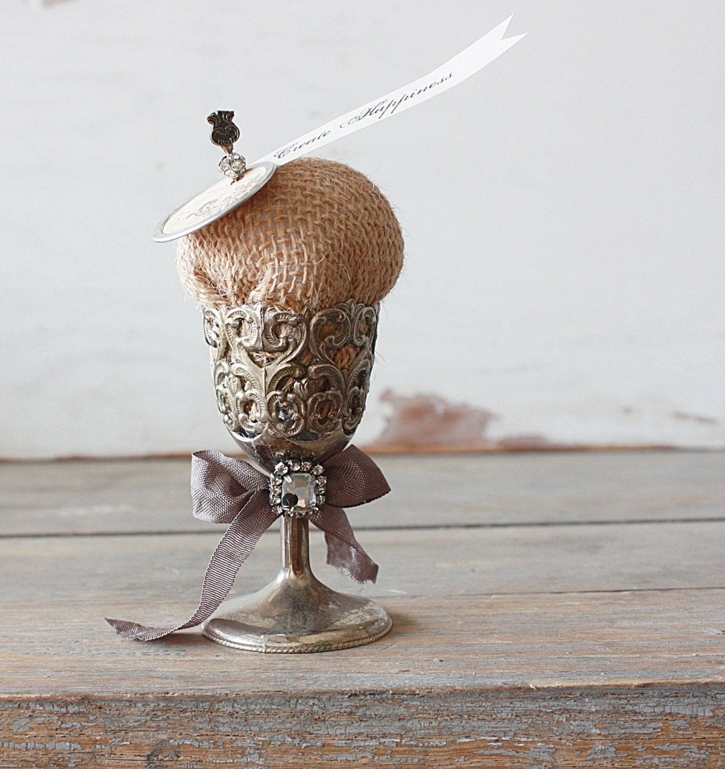 Burlap Pin Cushion in Vintage Silver Plate Filigree Cup
