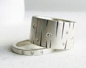 diamond wedding band set - modern engagement ring with matching wedding band - men or women - stelring silver wide band