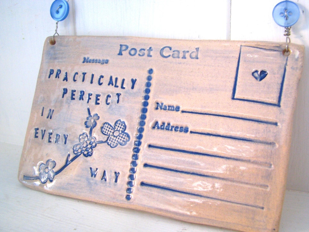 Practically Perfect - Ceramic postcard with vintage buttons. Mary Poppins. Mothers Day. Made in Wales, UK.  Ready to Ship.