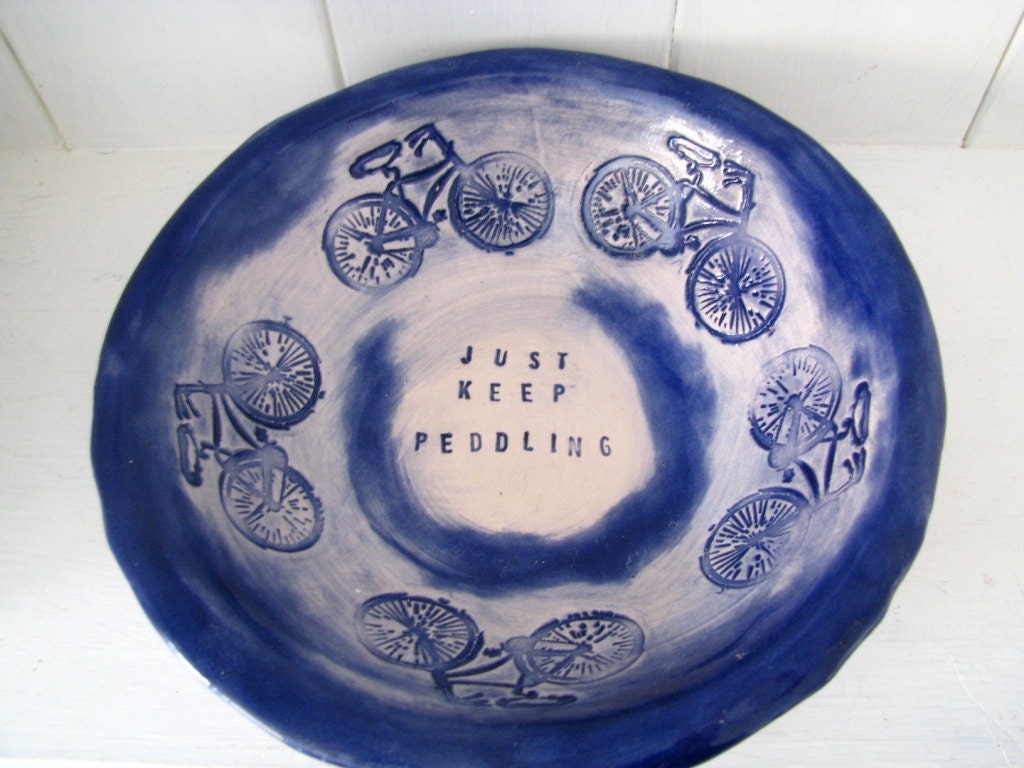 Just Keep Peddling Bowl. Bicycles. Bikes. Indigo blue. Made in Wales, UK.