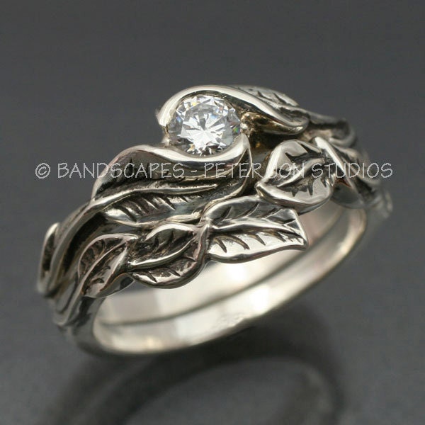WEDDING RING SET -Delicate Leaf Engagement ring with matching Wedding Band.  This set in sterling silver