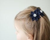Dark blue flower hair clips - Girl kanzashi hair clippies
