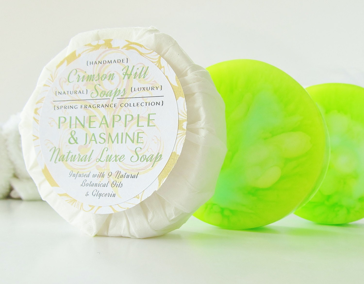PINEAPPLE & JASMINE Natural Round Soap - large 5 oz soap, summer scent, gift wrapped, handmade, glycerin, vegan