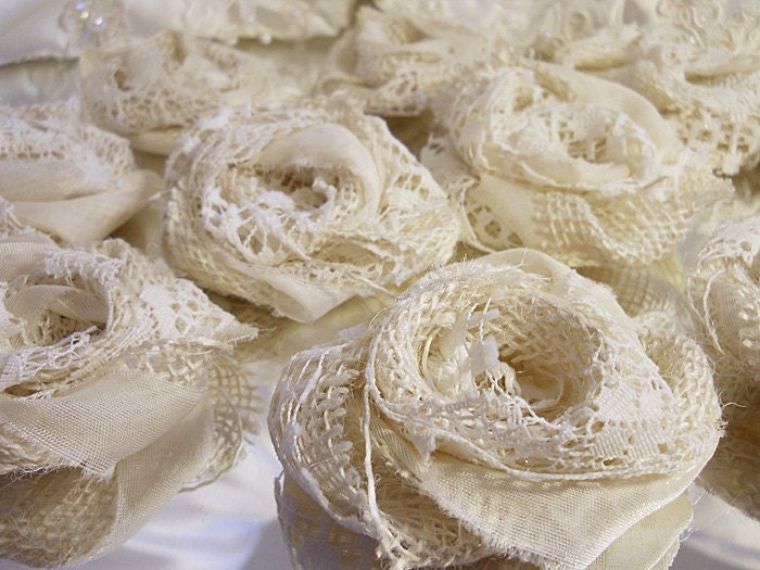 Set of 10, 3" Handmade Ivory Burlap & Lace Flowers for weddings, bouquet making, wedding decor, scrapbooking, gifts, crafts