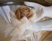 Burlap Pin On Corsages, rustic burlap roses, vintage style shabby chic sheer and lace.