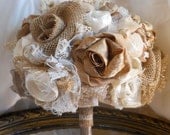 Burlap Bridal Wedding Bouquet, handmade flowers and vintage lace. Natural tones, burlap, taupe, tan, ivory