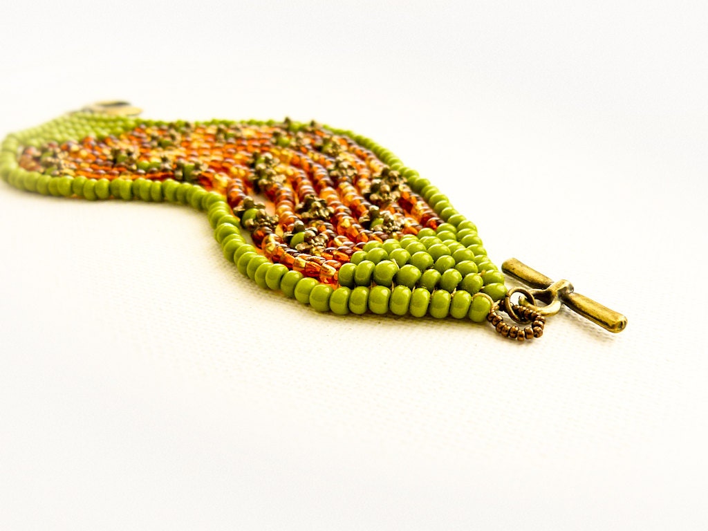Mothers day Oriental multi strand beadwork bracelet. Earthy green Seed beads ethnic jewelry one of a kind - unique gift idea