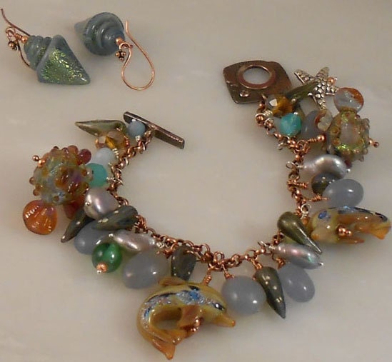 Copper Charm Bracelet, Sea Quest Charm Bracelet and Earring SET, OOAK