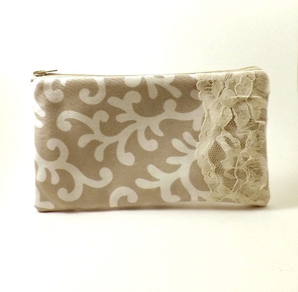 Ready to ship: Lace Beige Zipper Pouch with White Swirls/Beige linen lining/Women/Gift Idea