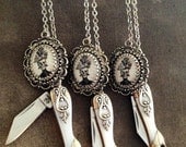 Pocket Knife Victorian Lady Skull Necklace