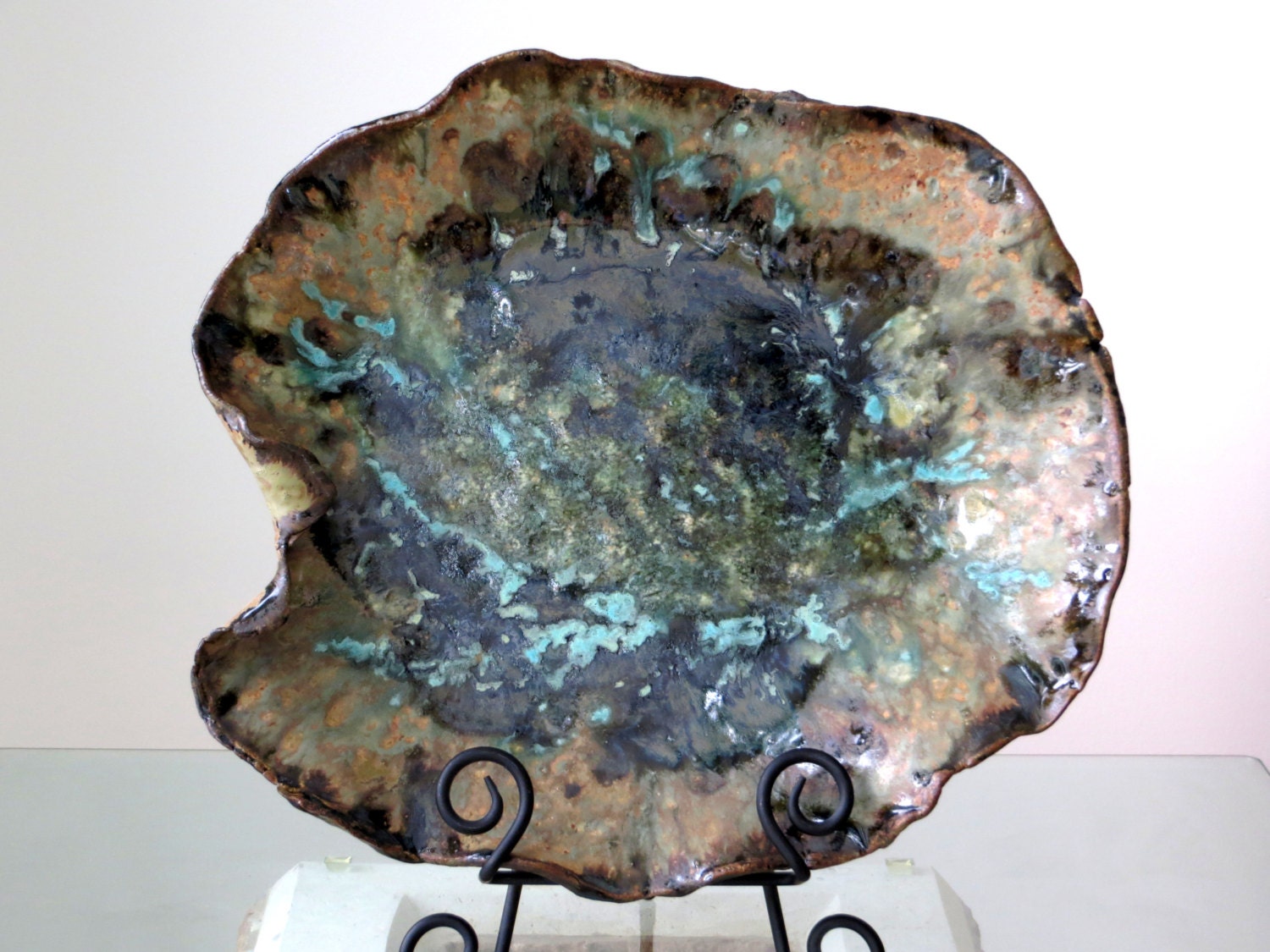 Ceramic Contemporary Centerpiece Art Tray Black Blue Green Earthy Candle Holder Abstract Art Vessel Decorative Plate Clay Pottery  Art Plate