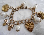 Vintage charm bracelet, chunky crown, heart, bow,flower, pearl charm bracelet, 1960s jewelry, retro bracelet