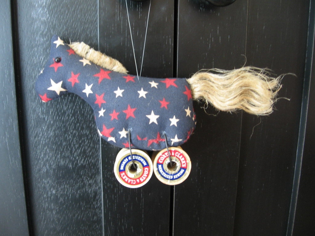 Patriotic Antique Vintage Wooden Spool Horse Ornament 178
