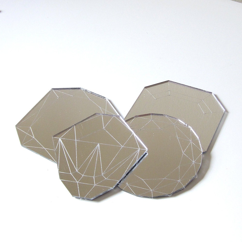 Mirror Jewel Coasters - Laser Cut Acrylic Set of Four Geometric Diamond Gems
