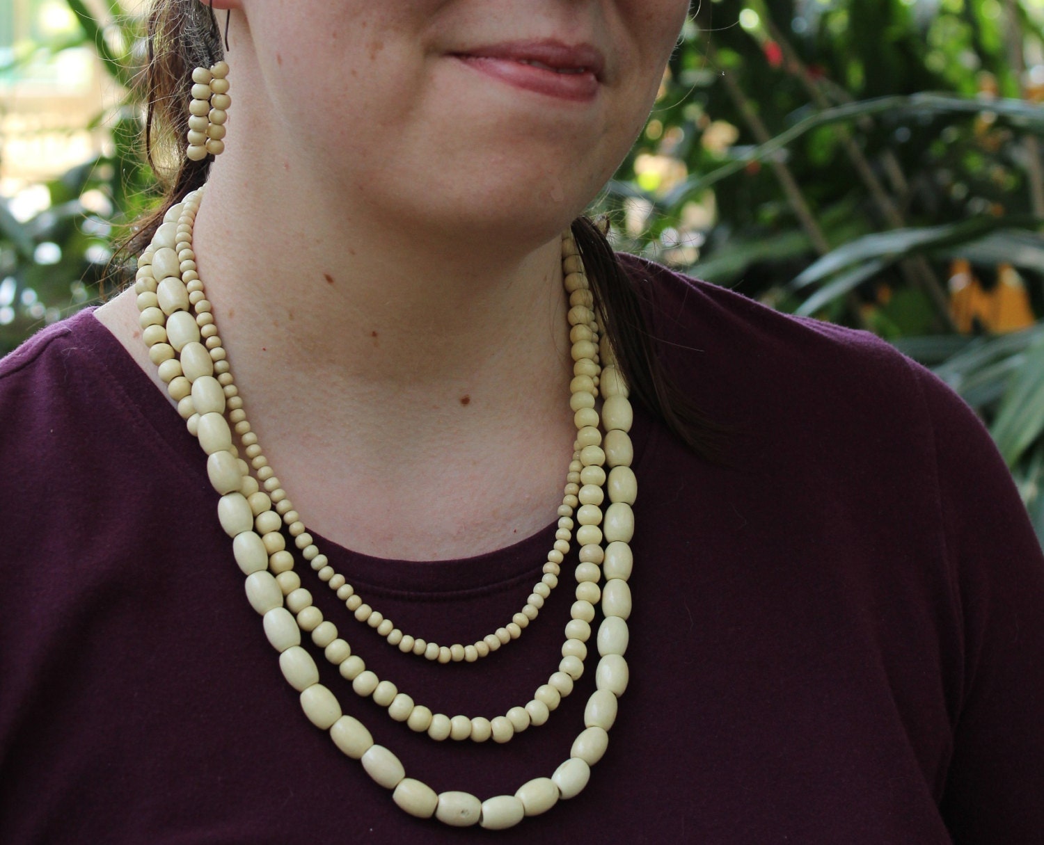Statement Beaded Necklace and Earrings, 3 strands, 21 inches, neutrals, wooden beads