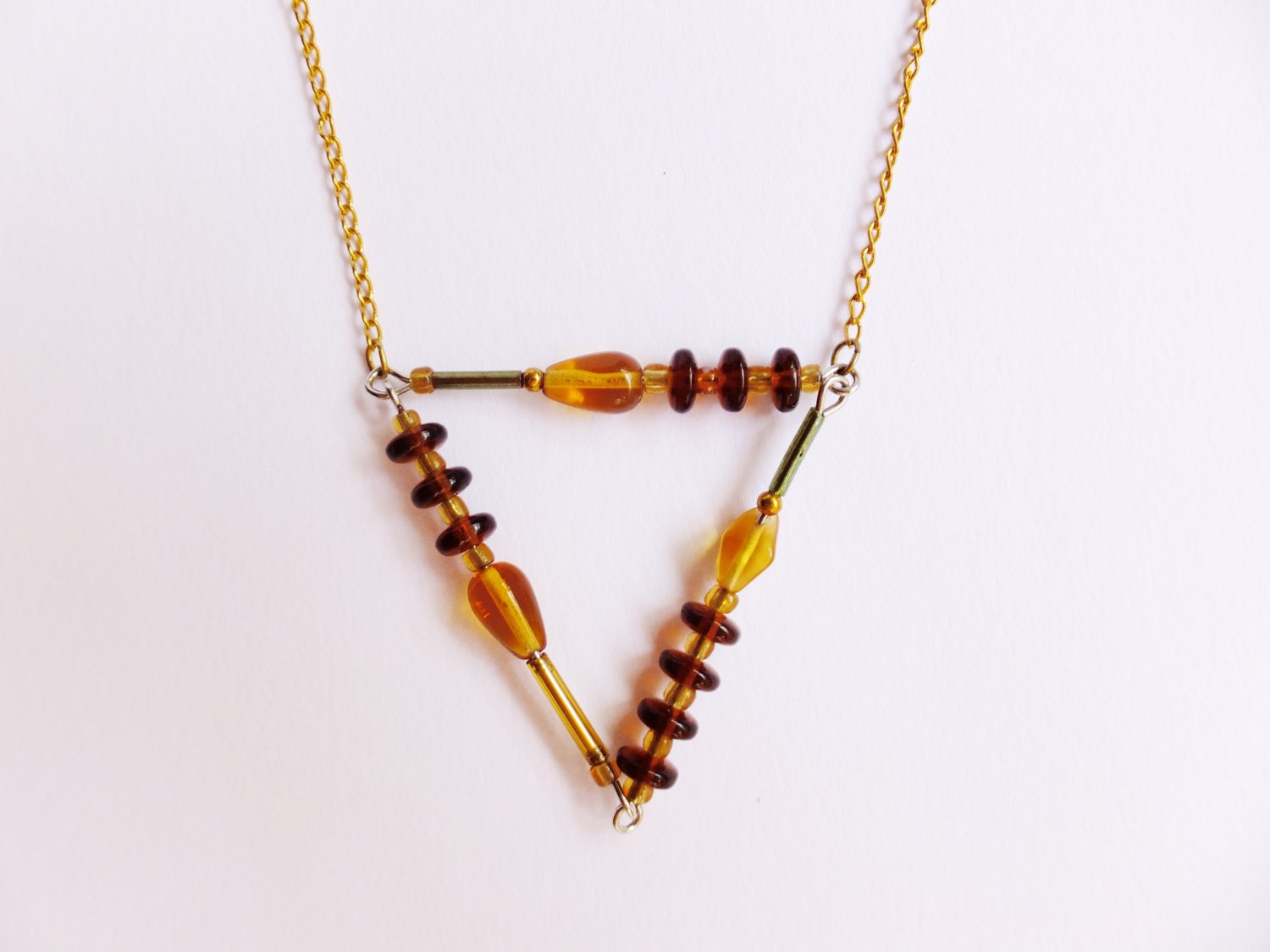 Triangle, Art Deco, Amber, Geometric Necklace, Czech Glass Beads, Handmade, Minimal, Abacus, Lines on Gold Chain