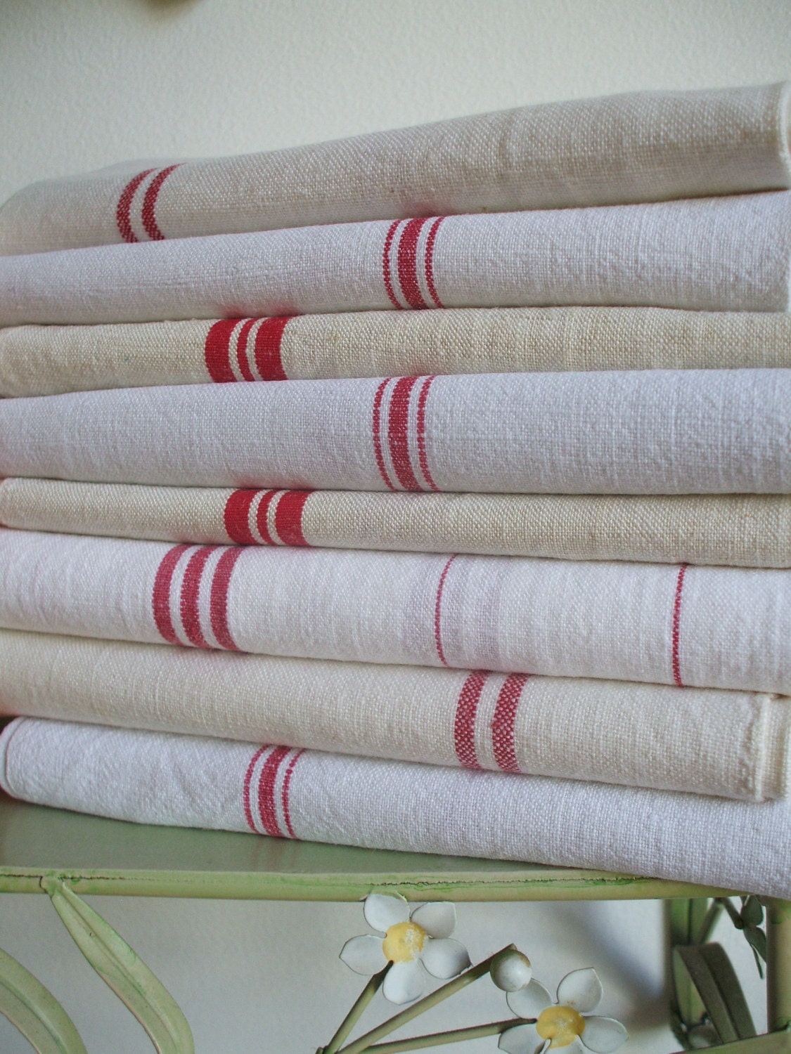 FRENCH LINEN  kitchen cloths red stripe  8 CLOTHS 99 dollars special price  ..linen napkins red linen French torchons
