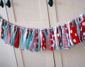 Red, Aqua, Teal, White Shabby Torn Fabric Rag Garland Banner Bunting, Holiday Decor, Photo Prop - 6 feet - Seuss Style
