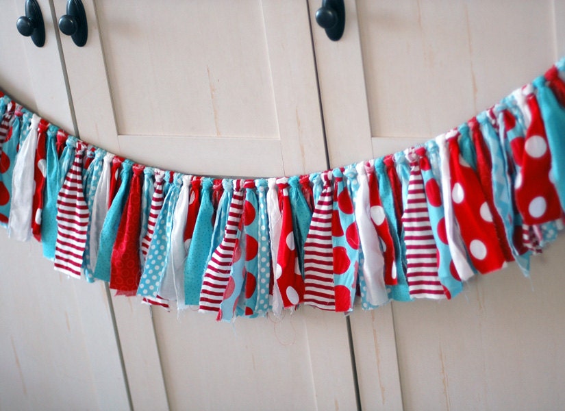 Red, Aqua, Teal, White Shabby Torn Fabric Rag Garland Banner Bunting, Holiday Decor, Photo Prop - 6 feet - Seuss Style