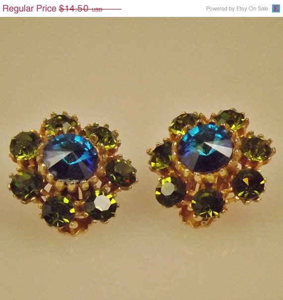 Vintage Rhinestone Earrings Blue Rivoli and Green 1950s