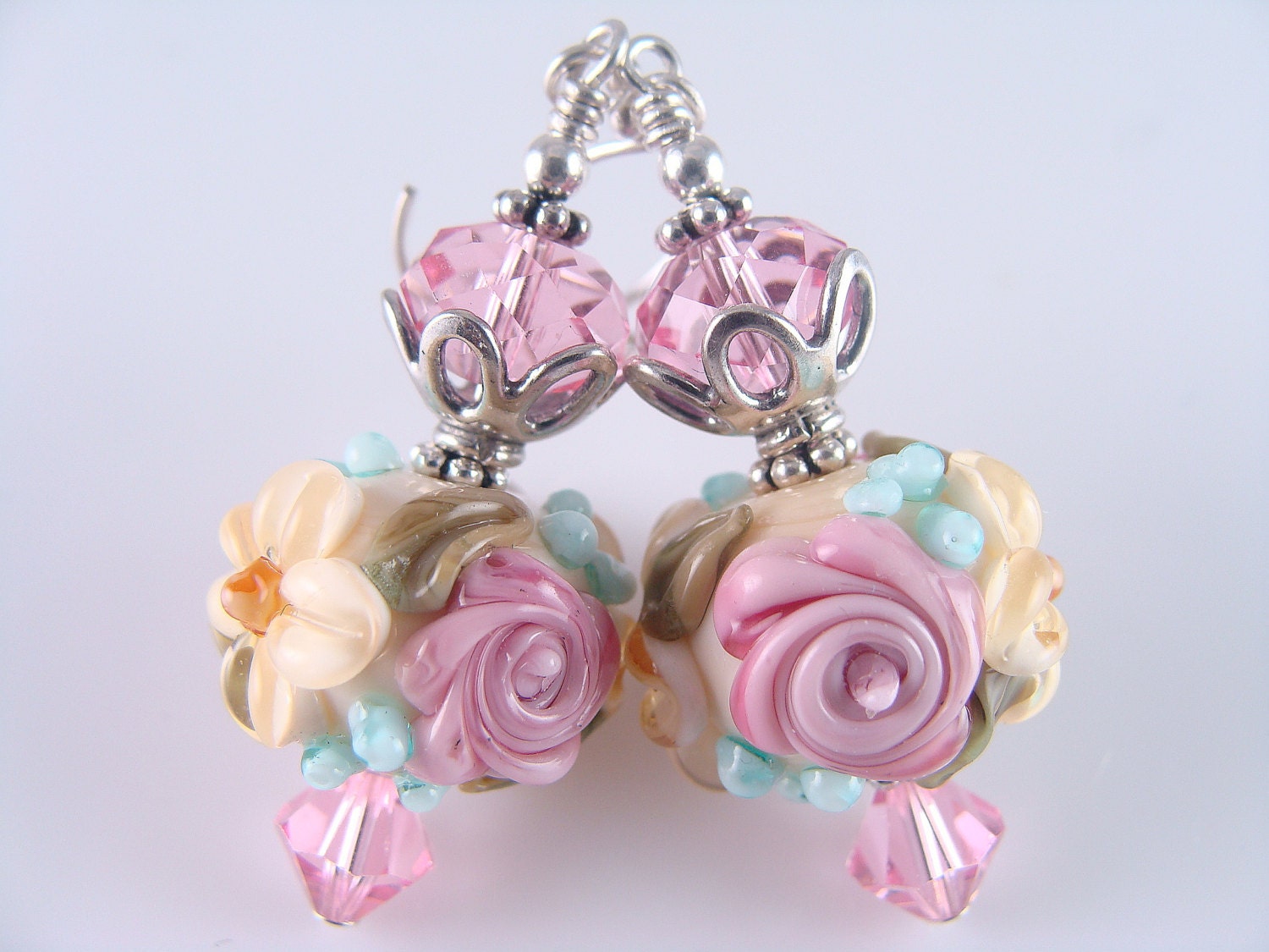 Pink Lampwork Earrings, Glass Bead Earrings, Yellow Dangle Earrings, Flower Glass Bead Jewelry, Beadwork Earrings, Lampwork Jewelry