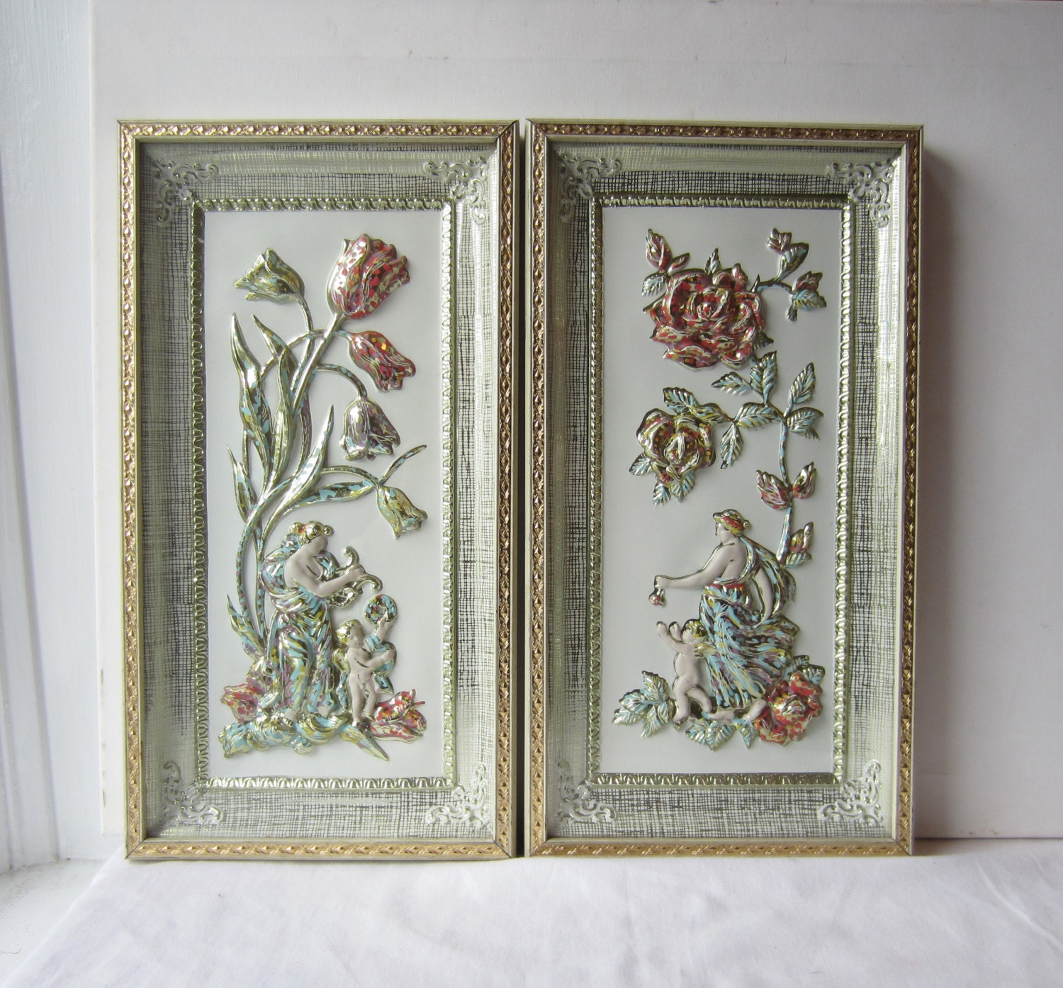Vintage Spring & Summer Metalcraft Four Seasons Wall Art Pair - Pastel Relief Wall Art