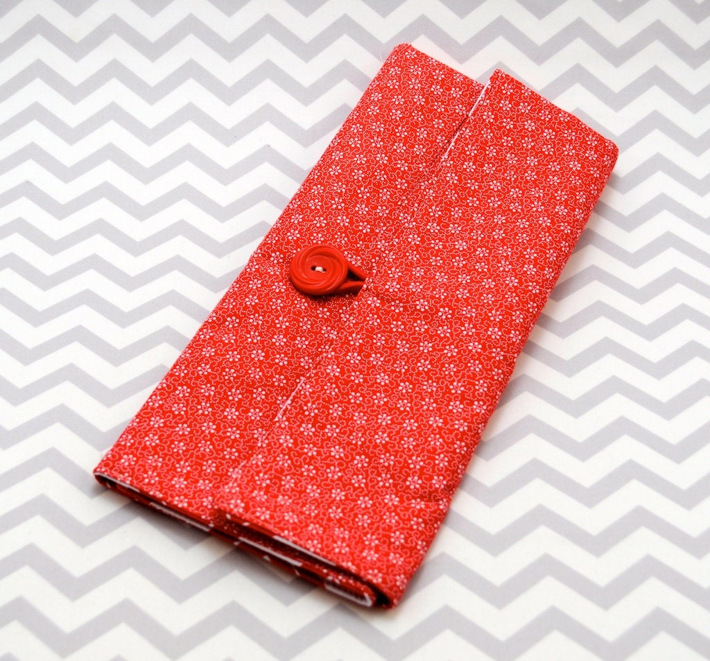 Circular Knitting Needle Case - Red and White Chevron and Tiny Floral Fabric