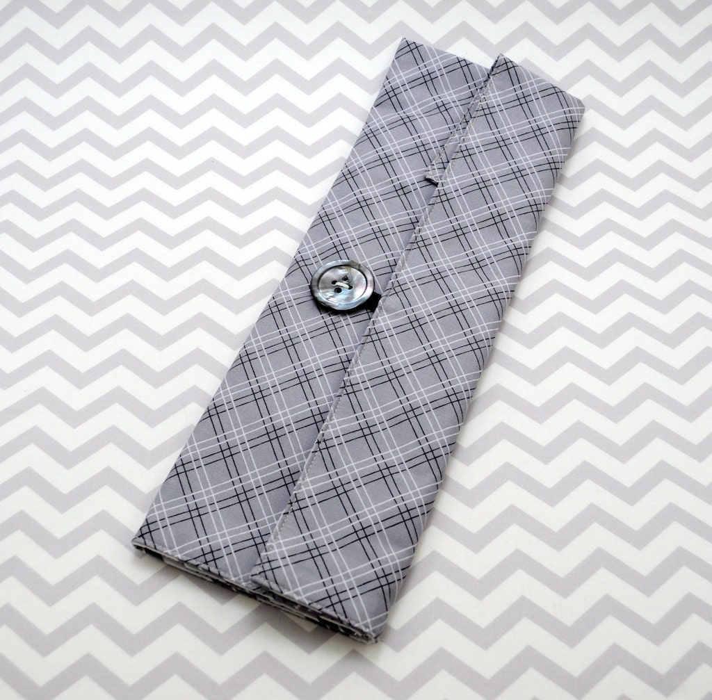 Knitting Needle Roll or Paintbrush Roll - Grey Plaid and Chevron Fabric
