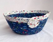 Blue Napkin Holder, Handmade Blue Yarn Basket, Storage Organizer, Plant Holder, Fruit Bowl, hand wrapped and hand coiled fabric basket