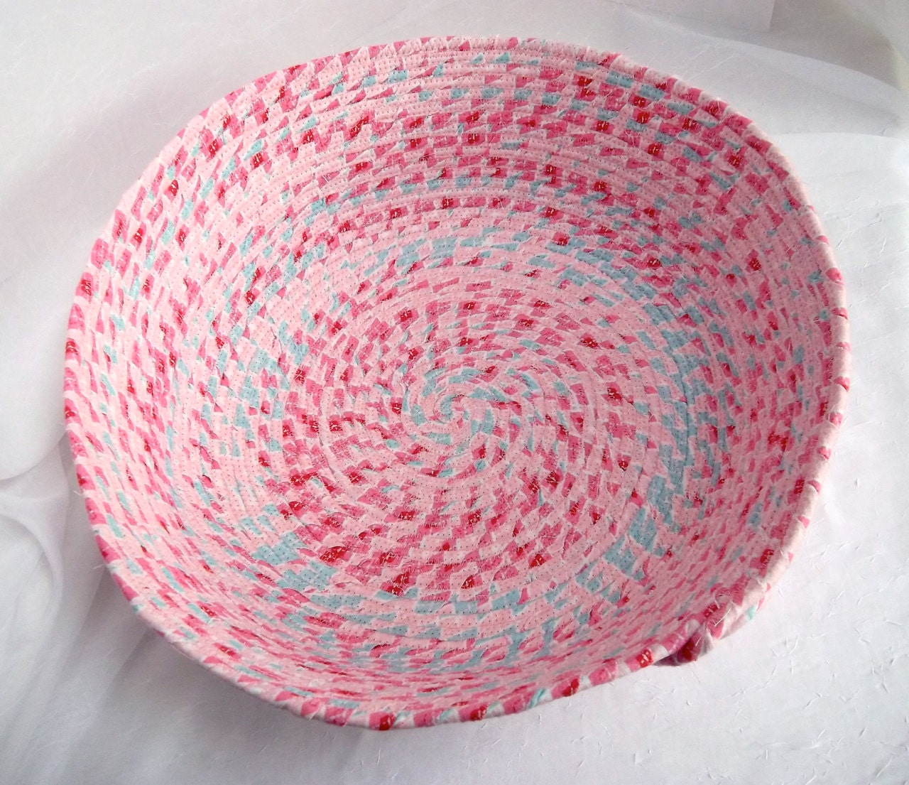 Pink Cat Bed, Handmade Pastel Flannel Basket, Toy Basket, Magazine Rack, Storage Organizer, hand wrapped and coiled fabric basket