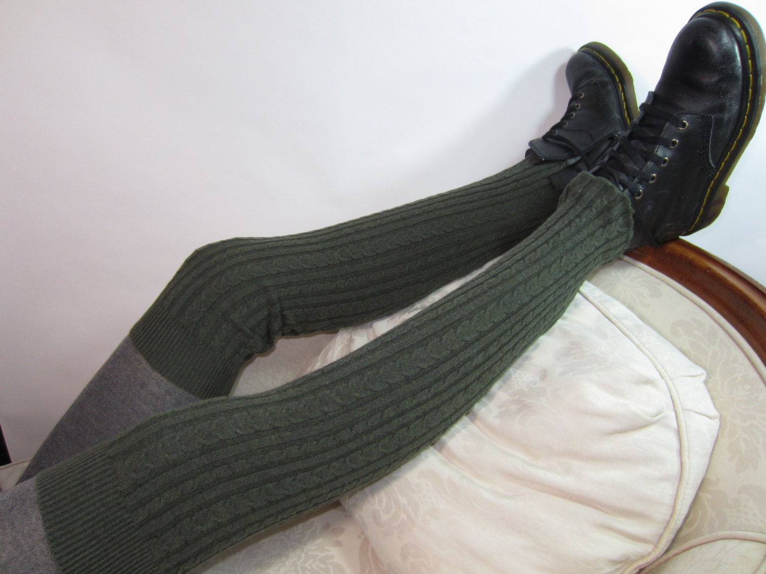 Olive Green Thigh Highs Leg Warmers Cotton Cable Knit Footless Boot Socks A1015