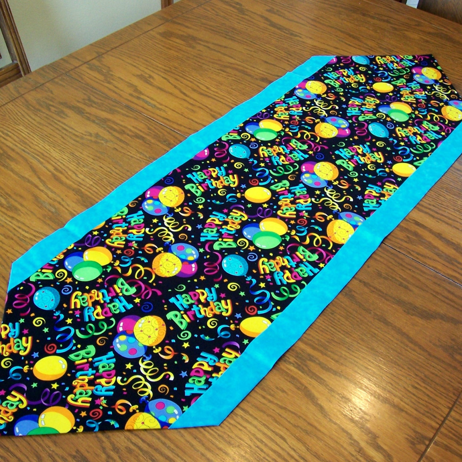 Birthday Table Runner in Bright Colors and Black with Balloons