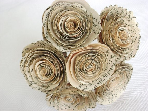 Vintage book page  spiral 1.5-2"  roses paper flowers bouquet