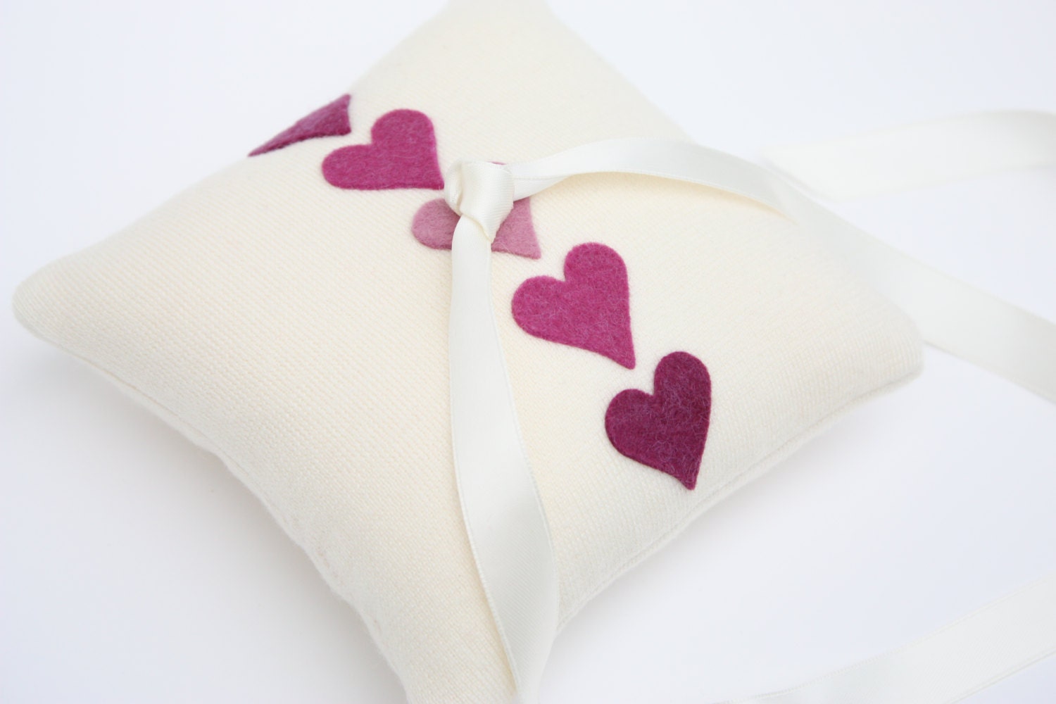 Wedding Ring Bearer Pillow Ivory Knit Purple Mauve Felt Hearts