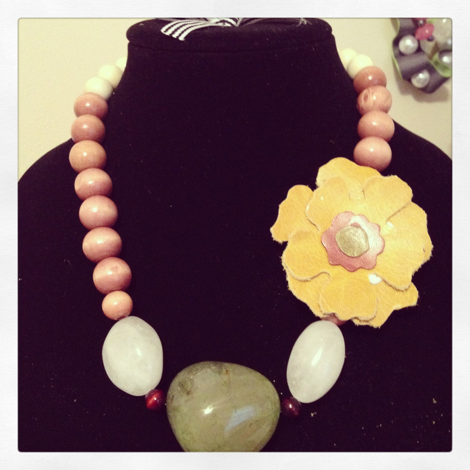 Wood and Glass Bead Necklace with Leather Flower