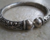 Vintage Asian Bangle - Lovely Carved Sterling Silver Knob Rattle Bracelet