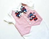 4th of July Red Seersucker Tuxedo Onesie Vest with Matching Chevron Bow Tie
