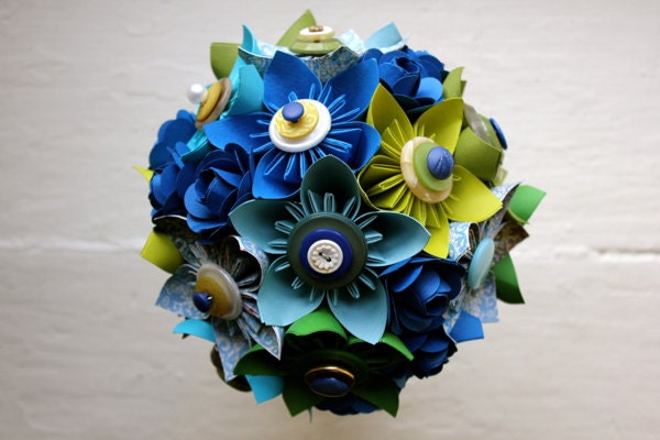 Paper Flower Bouquet - Wedding, Green, Blue, Kusudama, Paper Rose