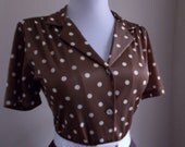 Sexy Vintage 1960s Brown and White Polka Dot Short Sleeve Button Down Blouse Top