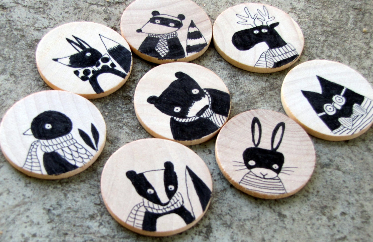 Set of Eight Hand Drawn Whimsical Animal Magnets, Original Art by Andrea Doss - andralynn