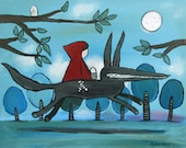 Little Red Riding Hood and Big Bad Wolf Painting, Nursery Art, Kids Room, Original Acrylic