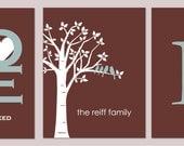 Mothers Day Trio - Love is All You Need - Custom Love Bird Family Tree and Initlal/Monogram- 11x14 Prints - set of 3