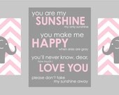Gray and Pink Nursery Prints  - Elephant Chevron and You are my Sunshine - Set of three - one 11"x14" and two 8"x10" prints